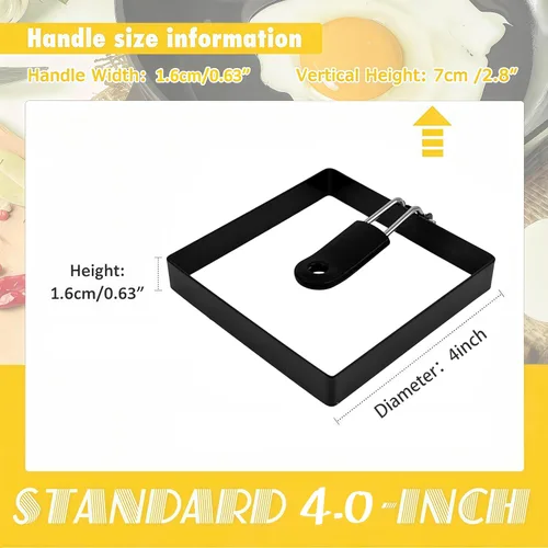 Miniatura 2 de Paquete de 4 anillos de huevo para freír huevos, 4 pulgadas de acero inoxidable para cocinar huevos cuadrados, para panqueques ingleses, con mango