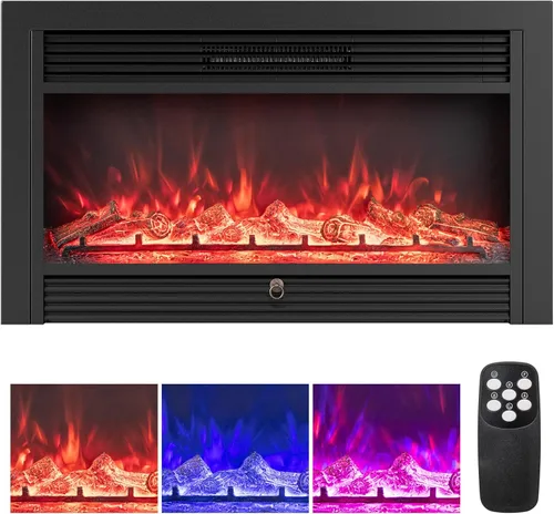 Miniatura 11 de Tangkula Calentador eléctrico de chimenea de 18 pulgadas, inserto de chimenea empotrado con llama regulable de 7 colores, calefacción de 750 W/1500