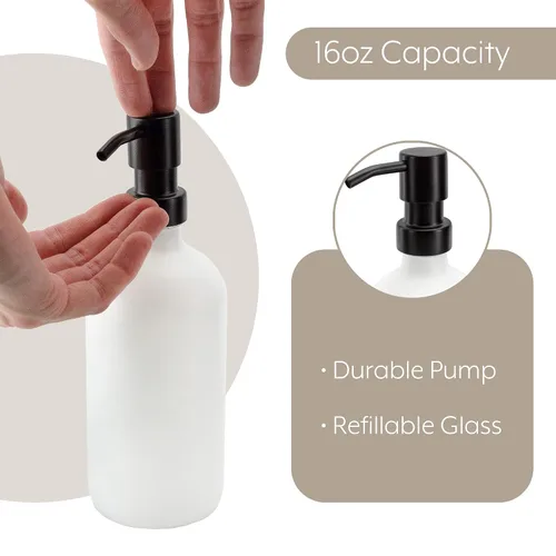 Miniatura 7 de Darware Botellas de bomba de vidrio de 16 onzas (juego de 2, blanco con negro); botellas dispensadoras de jabón con tapas de bomba de metal cepillado