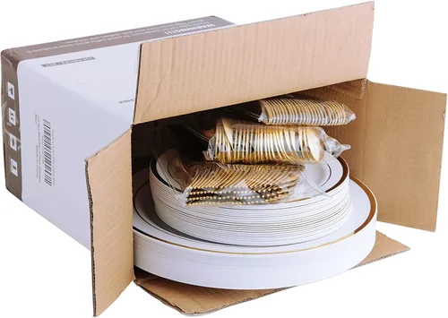 Miniatura 7 de 125 unidades de platos de plástico dorados incluyen 25 platos para cenar, 25 postres desechables y cubiertos desechables dorados, juego de vajilla