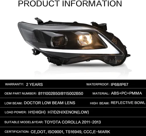 Miniatura 8 de VLAND Compatible con el conjunto de faros delanteros Toyota Corolla 2011 2012 2013 (no para modelos COROLLA LE)