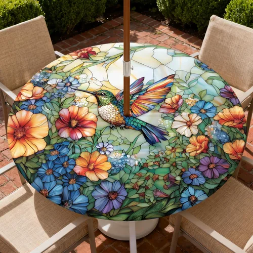Mantel para exteriores con agujero para sombrilla y cremallera, impermeable, redondo, ajustable con borde elástico, mantel lavable para mesa al aire