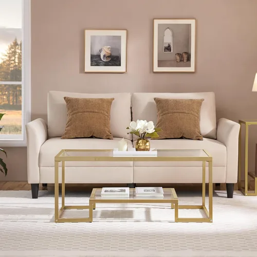 Miniatura 4 de Yaheetech Mesa de Café Dorada, Mesa de Centro de Vidrio Rectangular de 42" para Sala de Estar, Mesas de Té de 2 Niveles con Marco de Metal