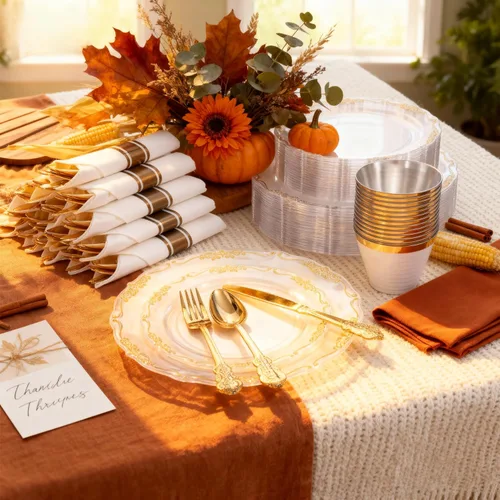 Miniatura 4 de U-QE 175 platos y servilletas de plástico dorado para fiestas, juego de vajilla transparente y dorado para 25 invitados, 25 platos llanos, 25 platos