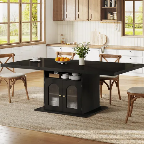 Miniatura 8 de HSH Mesa de comedor negra para 4 a 6, moderna mesa de comedor de cocina con estante de almacenamiento de 3 niveles y gabinete de puerta acrílico
