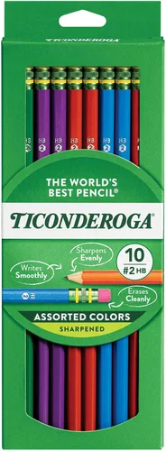 TICONDEROGA Lápices de grafito con revestimiento de madera, #2 HB suave, preafilado, barriles de colores surtidos, plomo negro, paquete de 10 (13932)
