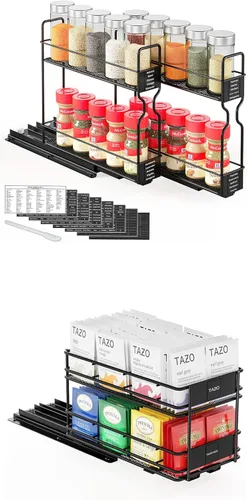 SpaceAid Organizador de especias extraíble para gabinete, 2 cajones de 2 niveles, organizador de bolsas de té extraíble para gabinete