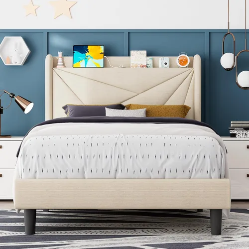 Feonase Armazón de cama tamaño twin con estación de carga, armazón de cama tapizado de lino con cabecera tipo wingback, soporte de listones de Beige