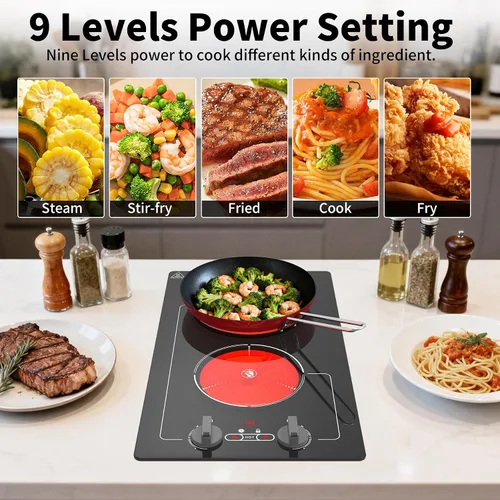 Miniatura 5 de GIHETKUT - Placa de cocina eléctrica, 110V 2100W, 9 niveles de potencia, 2 quemadores, control de botón y táctil, bloqueo para niños y temporizador
