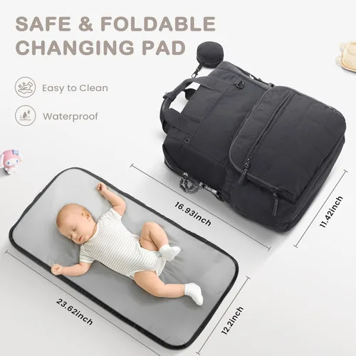 Miniatura 8 de VONAL Mochila para pañales, bolsas ligeras para pañales para bebé, bolsa de pañales grande de viaje con cambiador, mochila de pañales negra