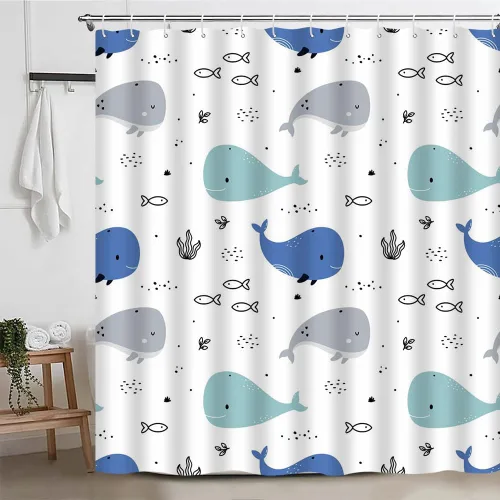 Miniatura 2 de Cortina de ducha de ballena de dibujos animados, lindo animal oceánico, azul y gris, diseño abstracto de peces náuticos, divertido para niños