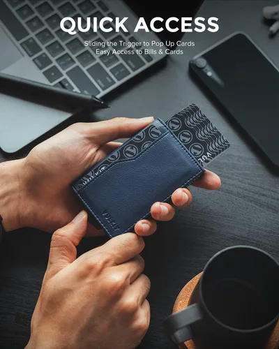 Miniatura 2 de VULKIT Tarjetero con ventana de identificación, tarjetas emergentes, delgada, de cuero, con protección RFID, hasta 12 tarjetas, funda para tarjetas