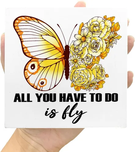 Miniatura 7 de LVQHI Letreros de madera inspiradores, placa de madera con texto en inglés "All You Have To Do Is Fly", decoración de mariposa, letrero motivacional