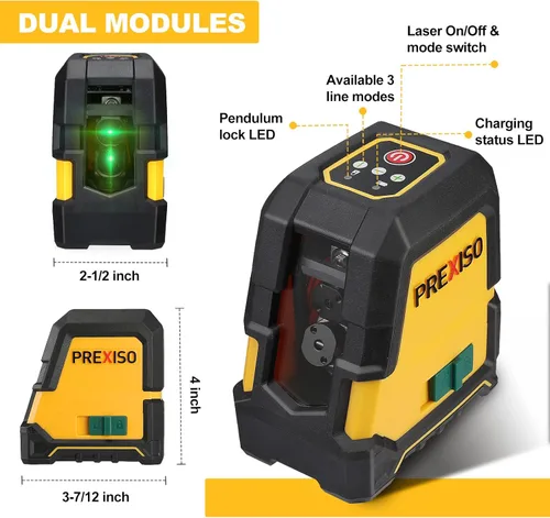 Miniatura 7 de PREXISO Nivel láser autonivelante – Láser de línea cruzada recargable de 100 pies, herramienta niveladora de línea verde para construcción