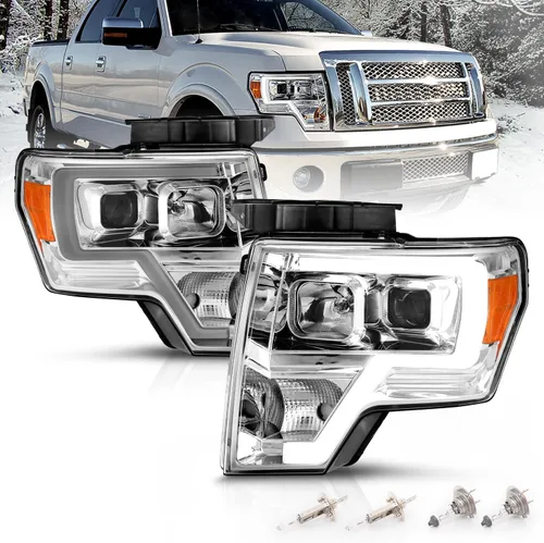 Miniatura 10 de AmeriLite para camioneta Ford F150 2009-2014, juego de faros delanteros LED de barra cuadrada, proyector halógeno negro, haz alto/bajo incluido