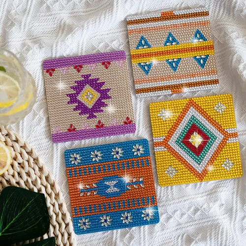 Miniatura 6 de Temlum 6 posavasos de pintura de diamantes con soporte, posavasos de diamantes bohemios, kits de pintura de diamantes pequeños para principiantes