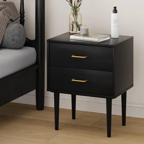 Miniatura 6 de Mesita de noche negra con 2 cajones, mesita de noche alta y moderna negra, mesitas de noche de madera para dormitorio, mesa auxiliar de cama, mesa