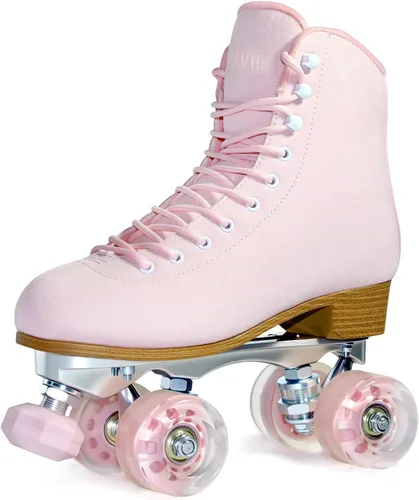 Miniatura 6 de Patines de ruedas para mujer o hombre con topes de goma ajustables en altura, patines retro de gamuza cuádruples para exteriores e interiores Rosa