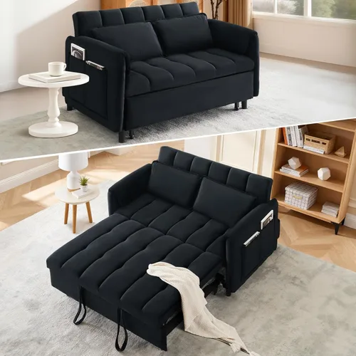 Miniatura 21 de CAPCAEK - Sofá cama convertible 3 en 1, sofá biplaza de terciopelo moderno con cama extraíble, sofá de salón pequeño con respaldo reclinable, negro