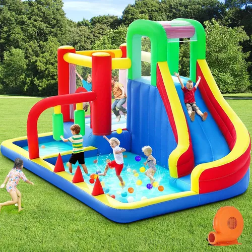 Casa Inflable, Casa Inflable Saltarina para Niños, Castillo Saltarín 8 en 1 con Soplador, Casa Saltarina para Niños con Tobogán para Interiores y