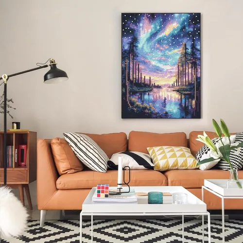 Miniatura 7 de Kits de pintura de diamantes de cielo estrellado Offito para adultos, kits de pintura de diamantes 5D Aurora Lake para principiantes, fantásticos