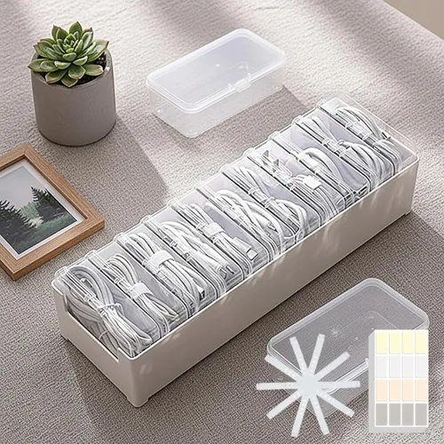 Caja de almacenamiento de cables con correas para cables y etiquetas adhesivas, organizador de cables para cables de carga, cables USB, auriculares,
