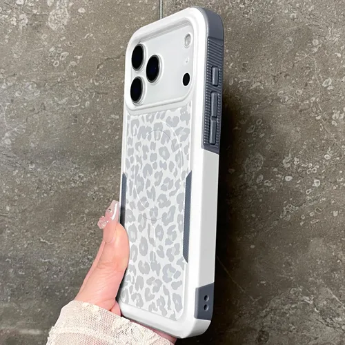 Miniatura 4 de Funda magnética para iPhone 17 Pro, compatible con Magsafe, lindo estampado de leopardo blanco guepardo, resistente, resistente, protección