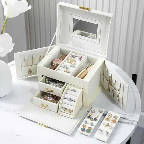 Miniatura 7 de DREAM&GLAMOUR - Cajas de joyería para mujer, 3 capas, organizador de joyería de piel sintética con espejo y cerradura. Caja de joyería portátil