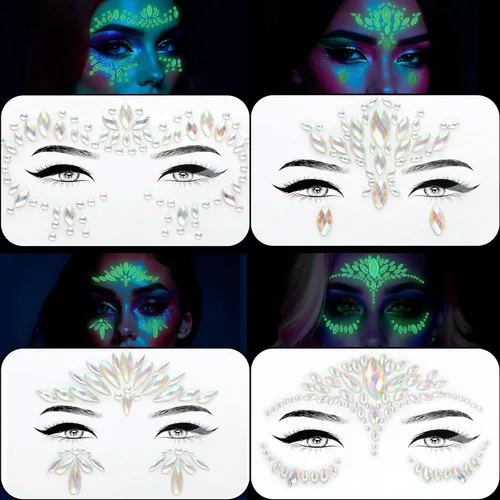 Miniatura 30 de 32 piezas de gemas faciales (diseños aleatorios) autoadhesivas con purpurina para tatuaje, gemas para festivales, fiestas rave, maquillaje corporal