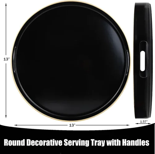 Miniatura 3 de Bandeja decorativa redonda negra con asas, bandeja versátil de 13 pulgadas para mesa de café, otomana, ideal para servir, exhibir y organizar