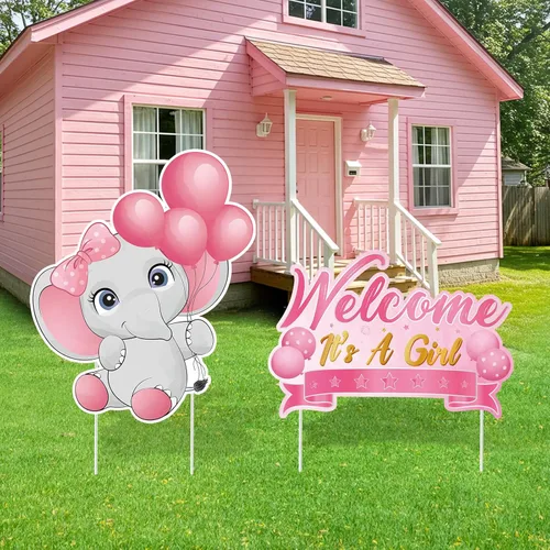 2 piezas de señal de jardín para baby shower con estaca, señal de revelación de género rosa, elefante, decoración de césped, bienvenida, es una