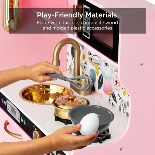Miniatura 3 de Best Choice Products Juego de juguetes de madera para niños con diseño realista, teléfono, utensilios, horno, microondas, fregadero, rosa floral