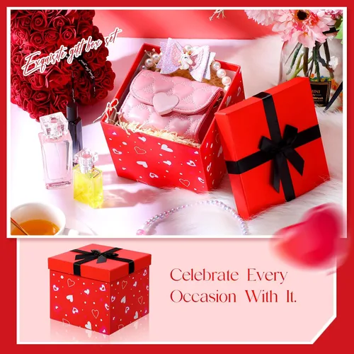 Miniatura 5 de Epakh 4 cajas anidables cuadradas decorativas con tapas, corazones negros y rojos, varios tamaños para aniversario, cumpleaños, boda, despedida