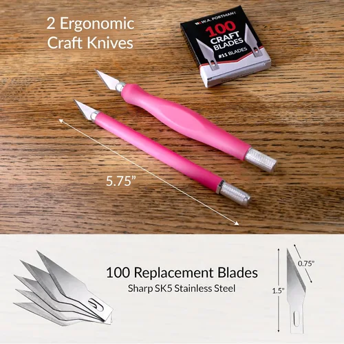 Miniatura 2 de WA Portman - Juego de 2 cuchillos rosados para manualidades, afilados y duraderos, con agarre cómodo y cuchillas de manualidades 100#11 para cortes
