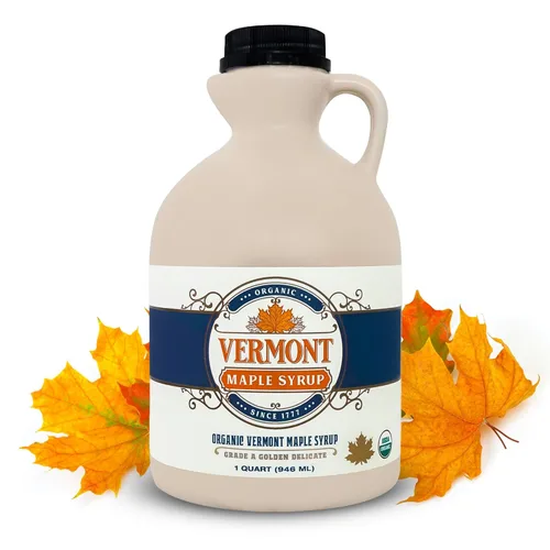 Vermont Maple Syrup - Jarabe de Arce Orgánico Delicado Dorado de Grado A de 32 oz - Jarabe de Arce 100% Puro y Auténtico para Panqueques, Waffles y