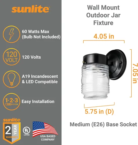Miniatura 2 de Sunlite 47040 - Accesorio para tarro de pared para exteriores, 60 vatios máximo, enchufe de base media (E26), 120 voltios, para exteriores