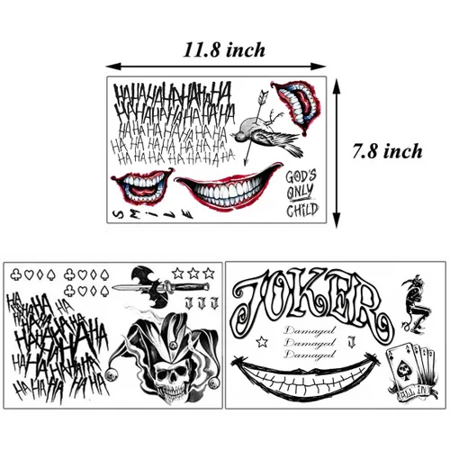 Miniatura 3 de 4 hojas de tatuajes temporales de Suicide Squad, tatuaje adhesivo perfecto para Halloween, cosplay, disfraces y accesorios de fiesta., B