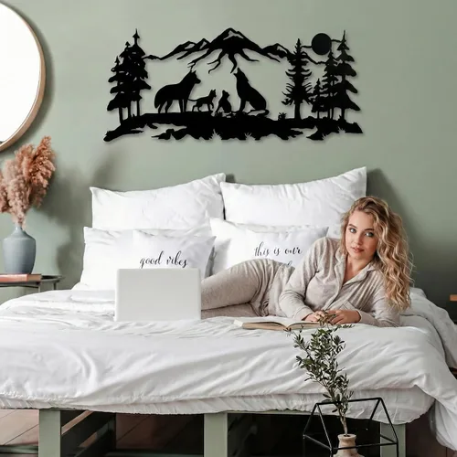 Miniatura 5 de DEKADRON Arte de pared de metal, arte familiar de lobos metálicos, arte de pared de naturaleza, lobo, montaña y árbol, decoración de pared de metal