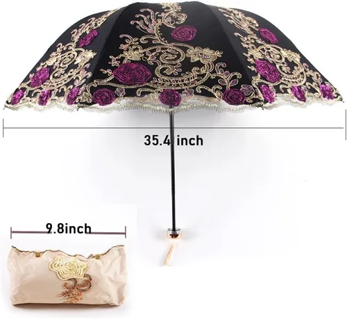 Miniatura 33 de Honeystore Sombrilla bordada con flor 3D plegable UV con encaje clásico