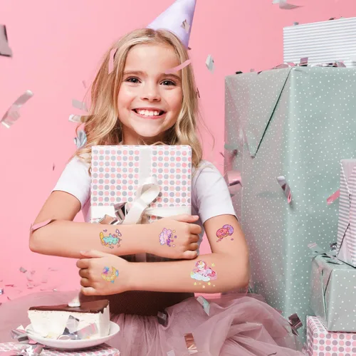 Miniatura 6 de Partywind Tatuajes temporales con purpurina de 204 estilos para niños y niñas, 34 hojas perforadas de tatuajes para niñas, suministros de fiesta