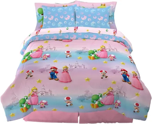 Super Mario Girl Princess Peach Girl Gamer - Ropa de cama para niños súper suave y acogedora, edredón y juego de sábanas de microfibra reversible
