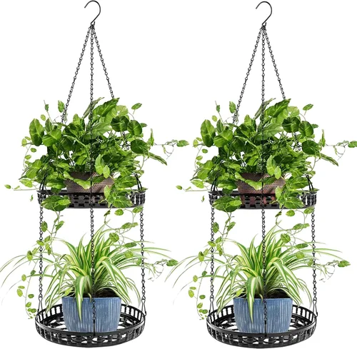 Miniatura 8 de Soporte para plantas colgantes para interior y exterior, estante para plantas colgantes de 2 niveles, soporte para plantas colgantes de metal