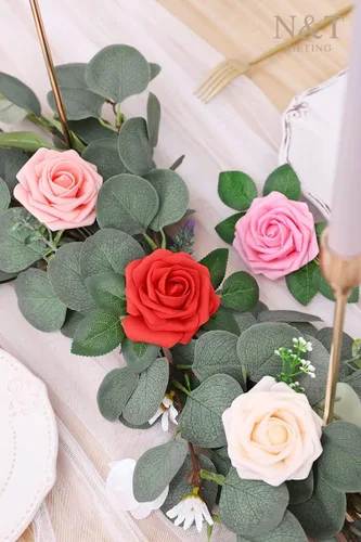 Miniatura 468 de N&T NIETING Flores artificiales, rosas artificiales de color rosa intenso, 50 piezas de flores falsas con tallo para ramos de boda DIY, centros