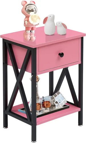 Miniatura 17 de VECELO - Mesita de noche moderna, mesa auxiliar de cabecera con cajón y estante de almacenamiento para sala de estar y dormitorio, marco de metal