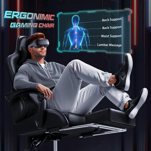 Miniatura 4 de JUMMICO Silla ergonómica para videojuegos con reposapiés y soporte lumbar de masaje, silla de videojuegos de altura ajustable con asiento giratorio