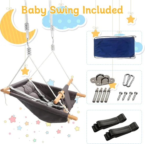 Miniatura 5 de Columpio para bebé al aire libre e interior para bebés y niños pequeños, columpio portátil ajustable para porche con cinturón de seguridad de 5 Gris