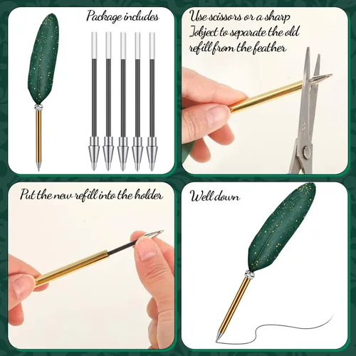 Miniatura 7 de Bolígrafo de plumas y soporte de bolígrafo de metal vintage, tinta negra, pluma de plumas vintage con 5 piezas de repuesto para boda, firma