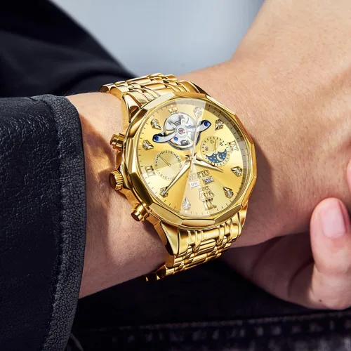 Miniatura 63 de OLEVS Reloj de pulsera automático con diseño de esqueleto para hombre, de lujo, con diamantes de lujo, de acero inoxidable, calendario, reloj