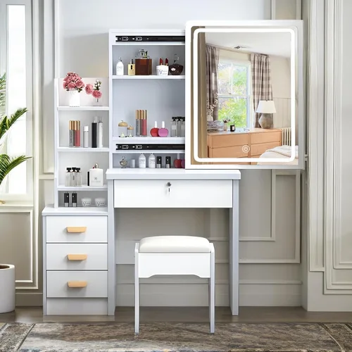 Miniatura 19 de Montary Escritorio de tocador de maquillaje con espejo y luces, juego de mesa de tocador blanca con 5 cajones, espejo deslizante, estantes
