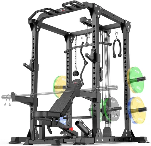 Miniatura 21 de Power Cage - Rack de Potencia Multifunción con Sistema de Cruce de Cables, Rack para Sentadillas de Capacidad de 1800 LBS con Banco de Pesas